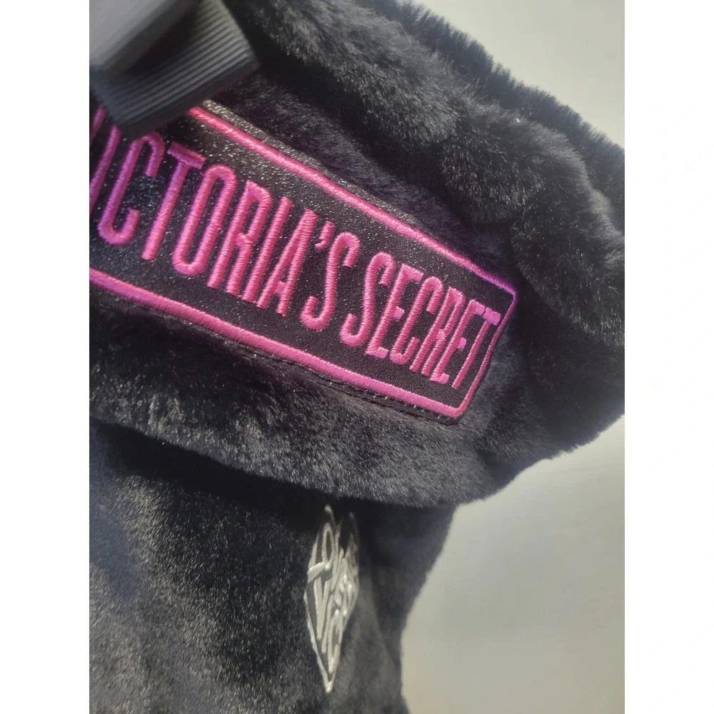 NWT Victoria's Secret Black Faux Fur Christmas Stocking Lips Heart‎ Diamond Bow
